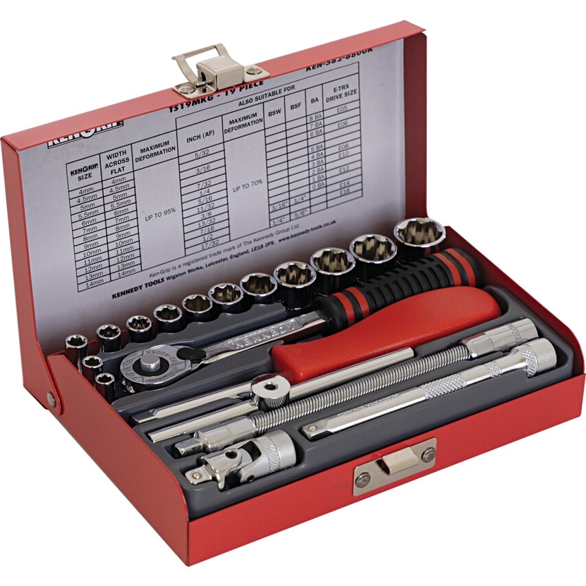 Socket Set Ken-Grip 1/4" Square Drive 4-14mm Metric (19 Piece) Chrome Vanadium