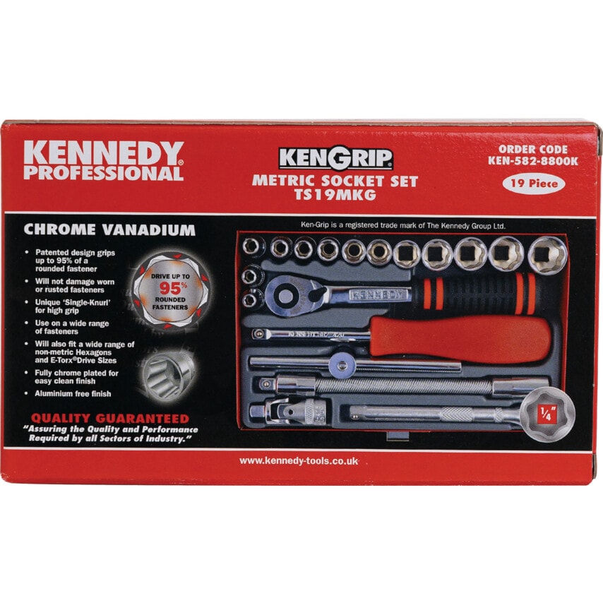 Socket Set Ken-Grip 1/4" Square Drive 4-14mm Metric (19 Piece) Chrome Vanadium