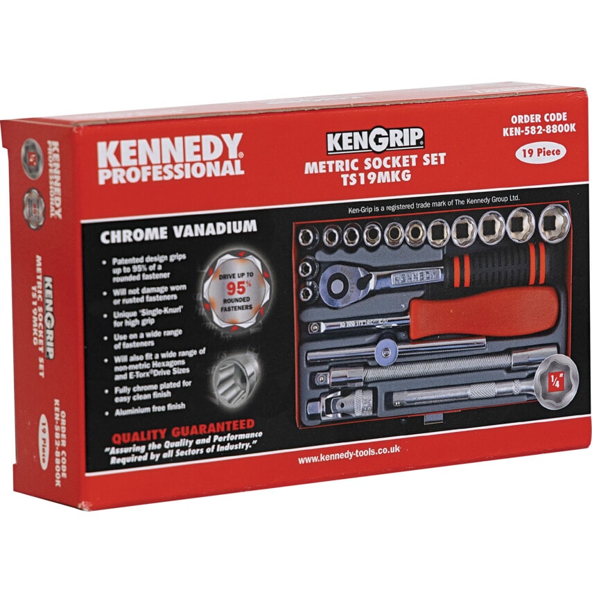 Socket Set Ken-Grip 1/4" Square Drive 4-14mm Metric (19 Piece) Chrome Vanadium