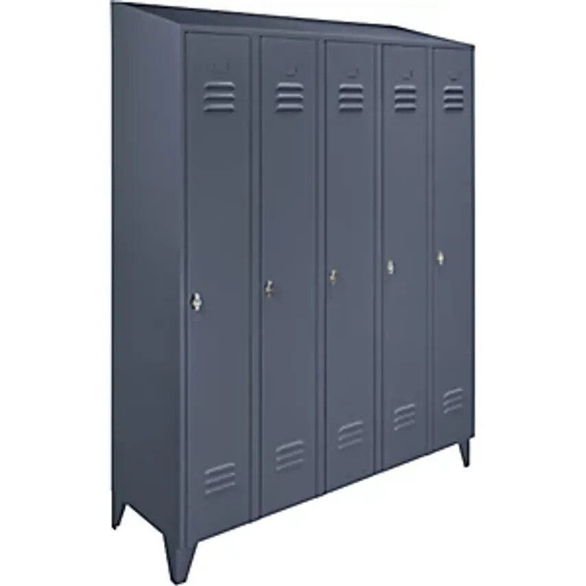 Steel Cupboard With Sloping Top - Full Height Compartments - Total Width 1500mm, 5 Compartments, Blue Grey RAL 7031