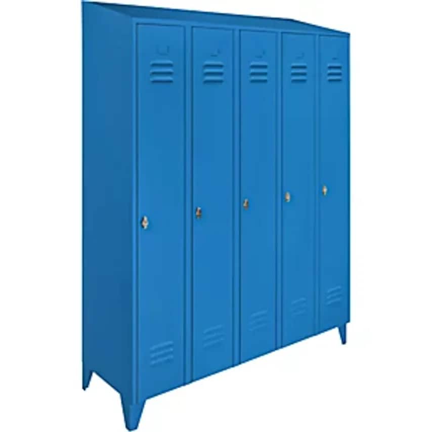 Steel Cupboard With Sloping Top - Full Height Compartments - Total Width 1500mm, 5 Compartments, Light Blue RAL 5012