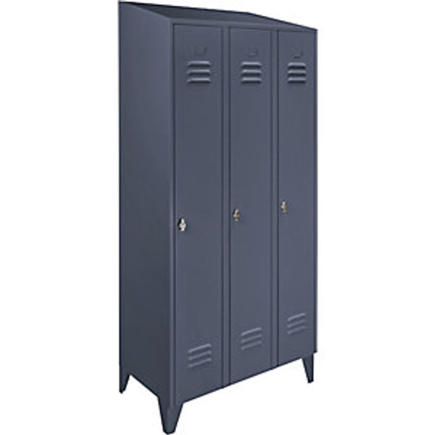 Steel Cupboard With Sloping Top - Full Height Compartments - Total Width 900mm, 3 Compartments, Blue Grey RAL 7031