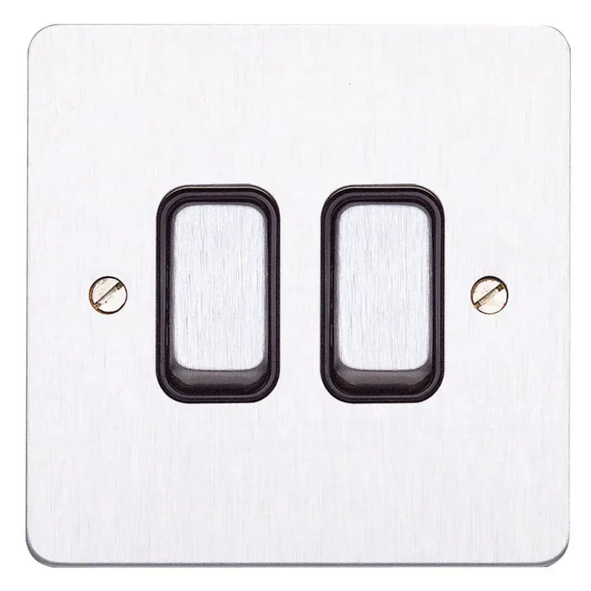 Switch 2 Gang 2 Way SP 20A Brushed Stainless Steel Black Inserts