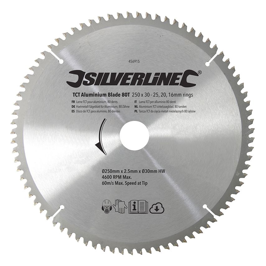 TCT Aluminium Blade 80T 250 X 30 - 25, 20, 16mm Rings