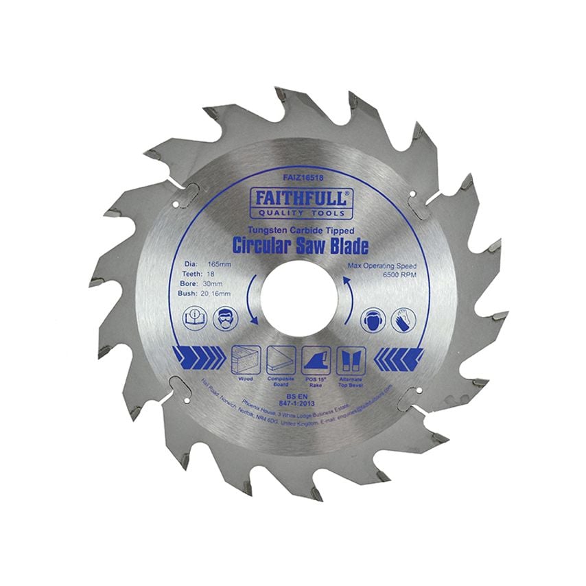 TCT Circular Saw Blade 165 x 30mm x 18T POS FAIZ16518