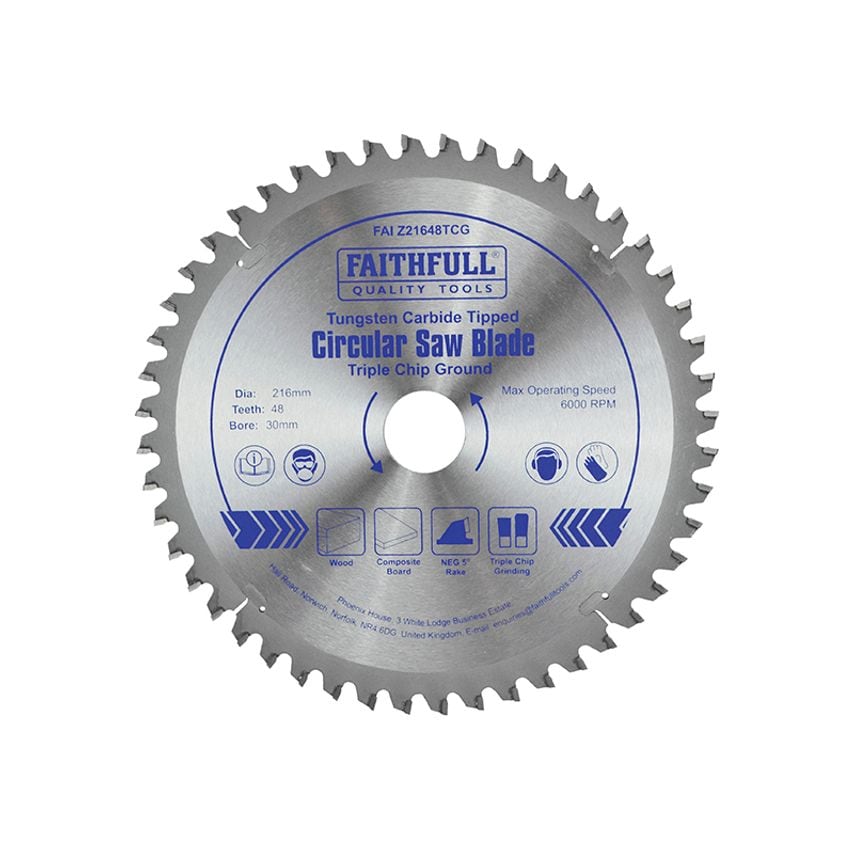 TCT Circular Saw Blade Triple Chip Ground 216 x 30mm x 48T NEG FAIZ21648TCG