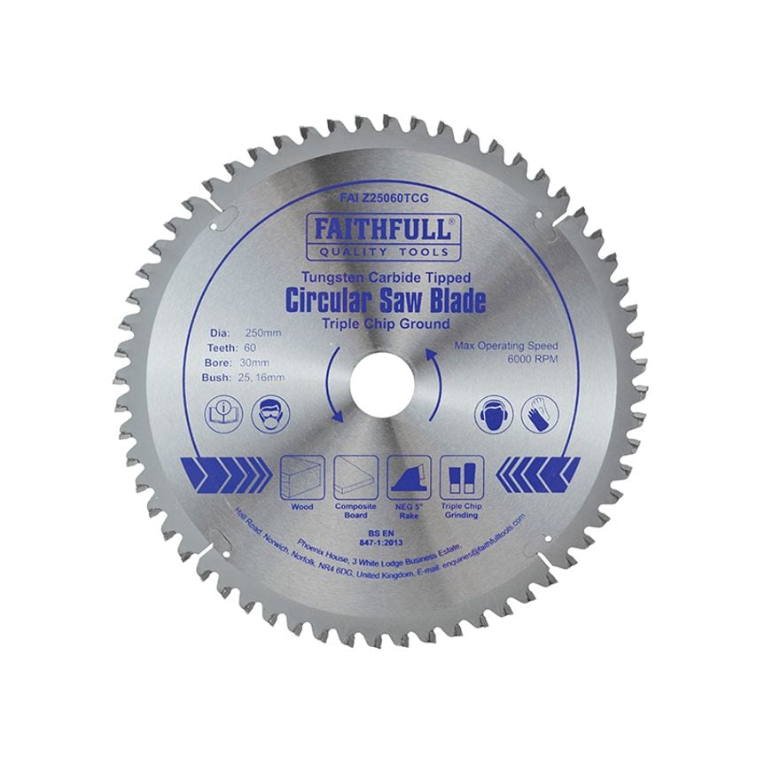 TCT Circular Saw Blade Triple Chip Ground 250 x 30mm x 60T NEG FAIZ25060TCG