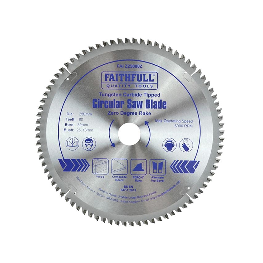 TCT Circular Saw Blade Zero Degree 250 x 30mm x 80T FAIZ25080Z