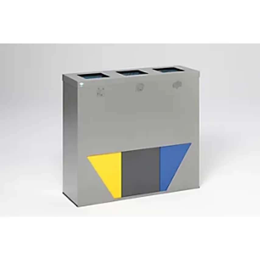 TRAPEZ Recyclable Waste Collection Station - With Removable Top And Clamping Ring - Silver With 3 Inserts Yellow/Antique Silver/Blue