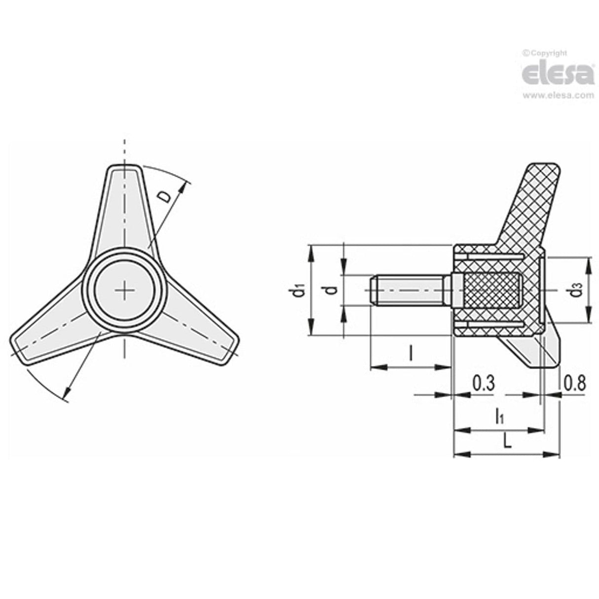 Three-arm knob-VB.639/45 p-M8x25