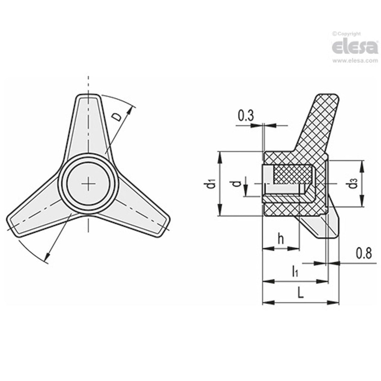 Three-arm knob-VB.639/80-SST-M10