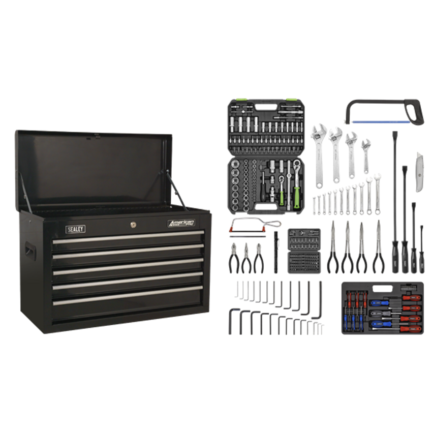 Topchest 5 Drawer with Ball Bearing Slides - Black &230 Piece Tool Kit