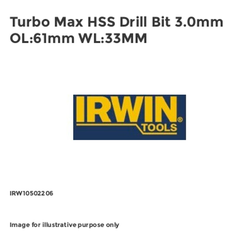 Turbo Max HSS Drill Bit 3.0mm OL:61mm WL:33MM