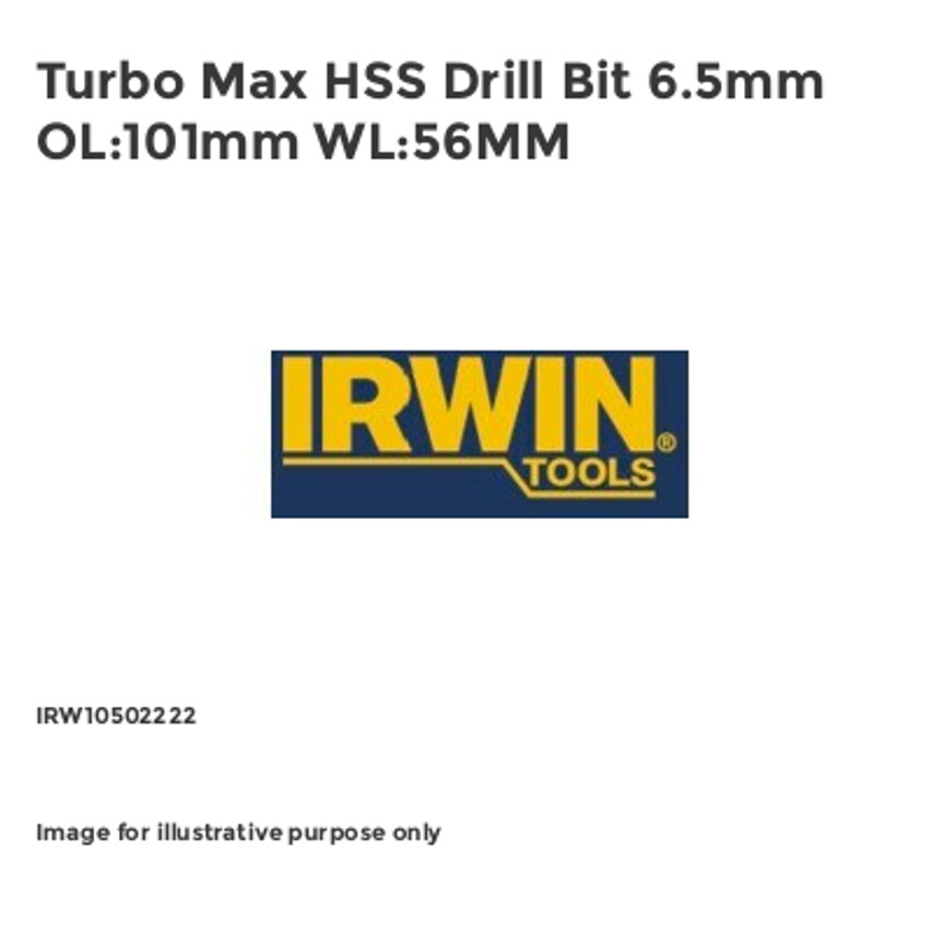 Turbo Max HSS Drill Bit 6.5mm OL:101mm WL:56MM IRW10502222