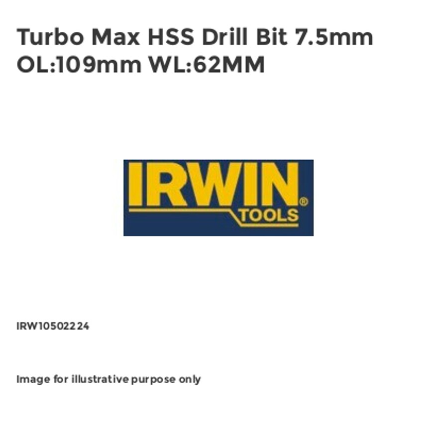 Turbo Max HSS Drill Bit 7.5mm OL:109mm WL:62MM IRW10502224