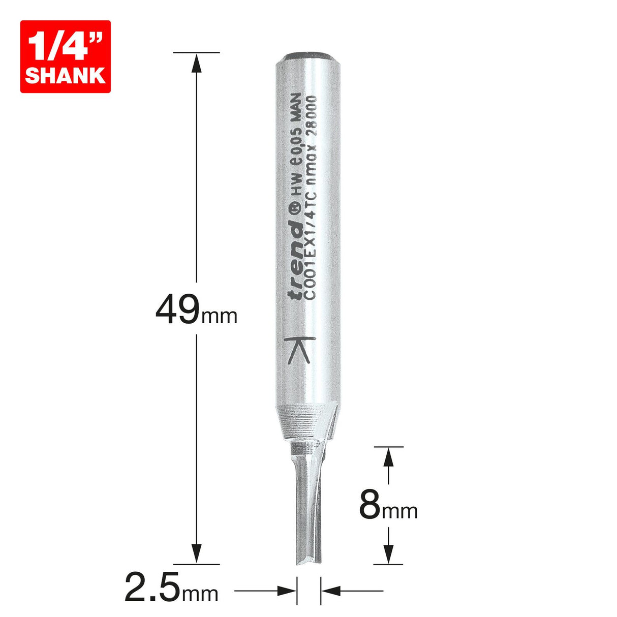 Two Flute Cutter 2.5mm Diameter - C001EX1/4TC