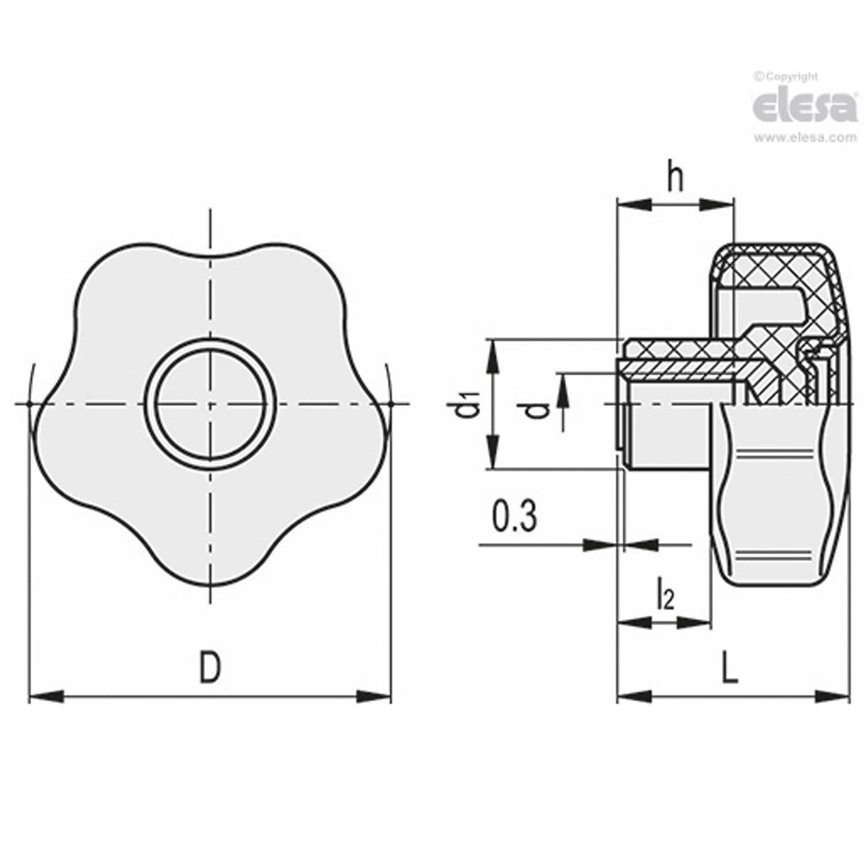 VCTSOFT Lobe knobs Soft-touch technopolymer Brass boss threaded hole VCT.53 B-M10-SOFT-C5