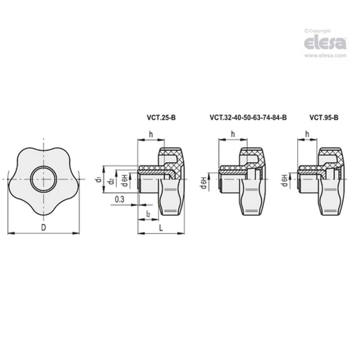 VCT Lobe knobs Technopolymer Brass boss threaded hole with cap VCT.40 B-M10-C2