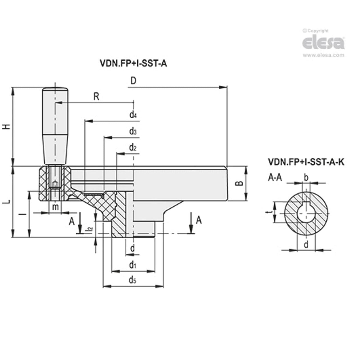 VDNFP-SST Solid handwheels Duroplast stainless steel hub Revolving handle drilled hub VDN.150 FP+I-SST-A14