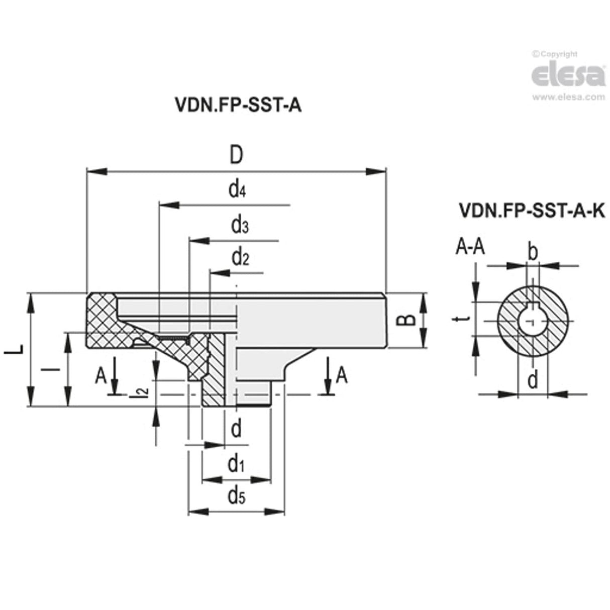 VDNFP-SST Solid handwheels Duroplast stainless steel hub Without handle drilled hub VDN.200 FP-SST-A20-K