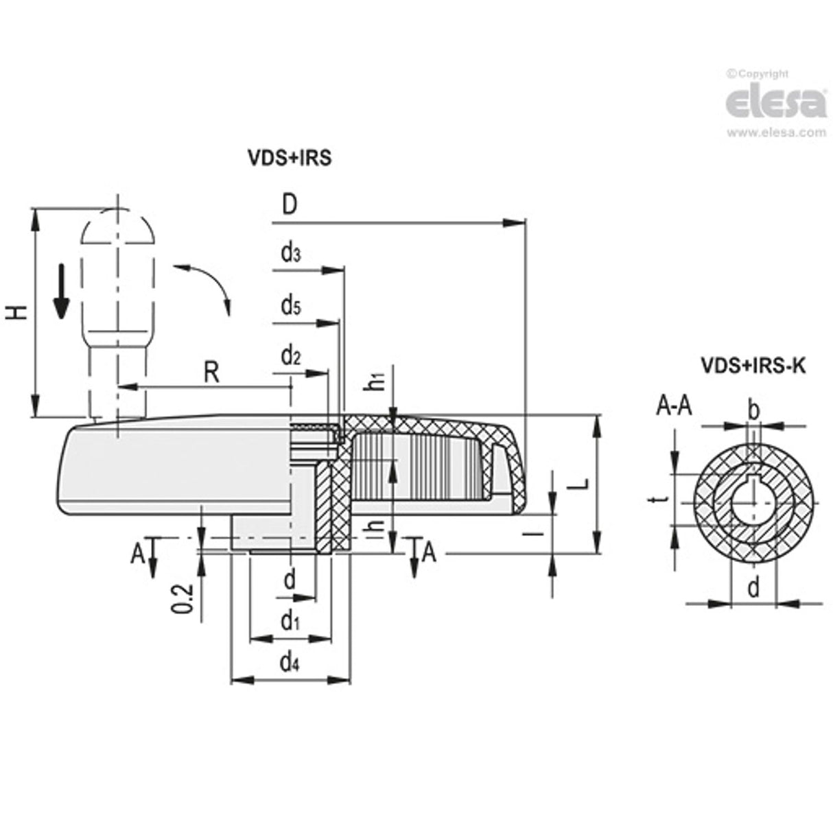 VDS Solid handwheels Technopolymer Safety fold-away handle VDS.150+IRS-A14