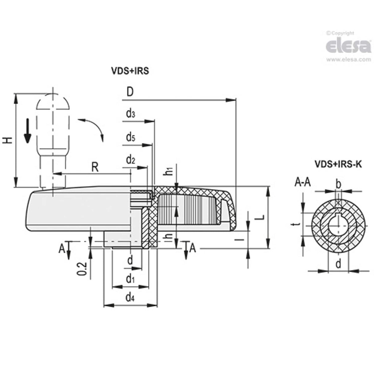VDS Solid handwheels Technopolymer Safety fold-away handle VDS.250+IRS-A20