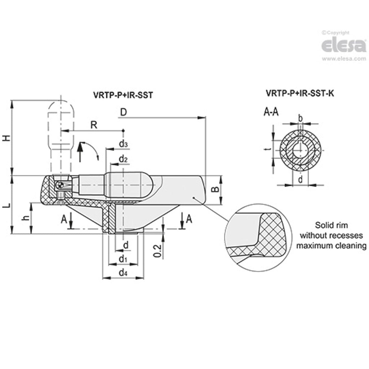 VRTP-P-SST Spoked handwheels with solid section Technopolymer Fold-away handle VRTP.80-P+IR-SST-8-K