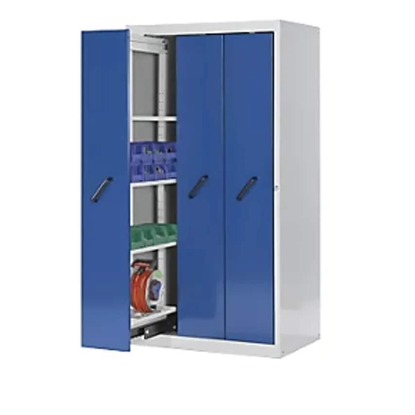 Vertical Pull-Out Cupboard With Front Cover Panels, With 4 Shelves, 3 Drawers, Grey/Blue