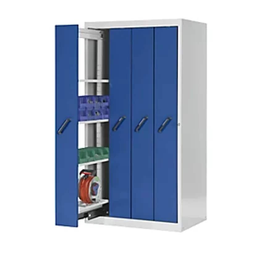 Vertical Pull-Out Cupboard With Front Cover Panels, With 4 Shelves, 4 Drawers, Grey/Blue