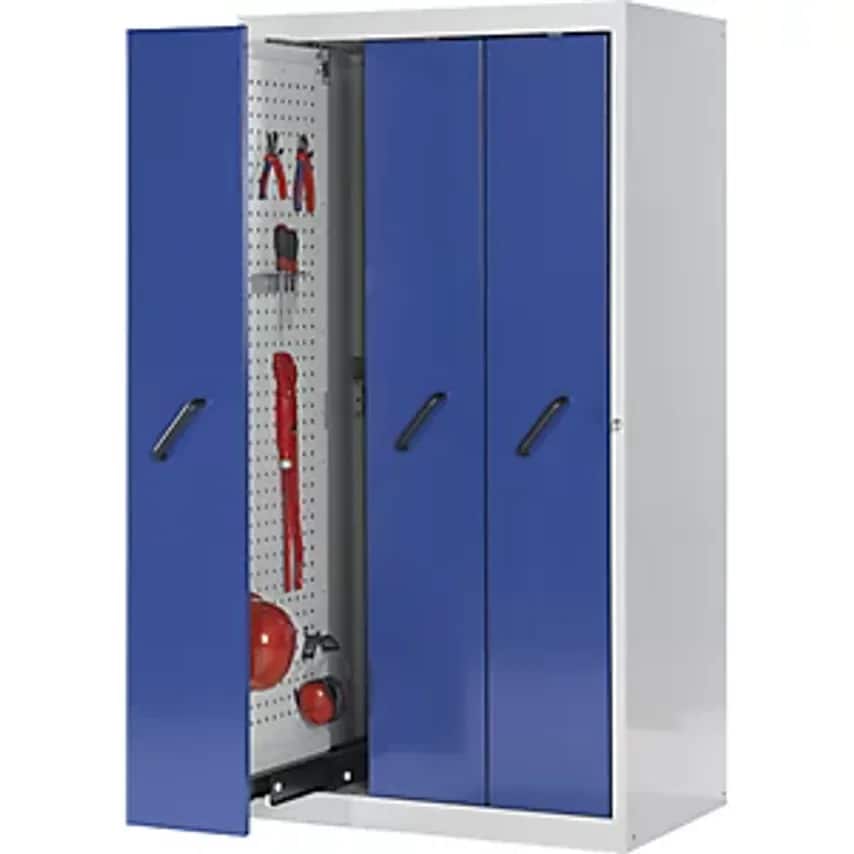 Vertical Pull-Out Cupboard With Front Cover Panels, With Perforated Panels, 3 Drawers, Grey/Blue