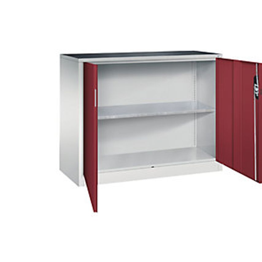 Workshop Side Cupboard With Hinged Doors, Width X Depth 1200 X 500mm, Light Grey/Ruby Red